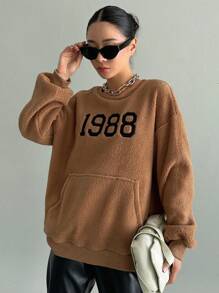 DAZY In số Túi kangaroo Thả vai Teddy Áo nỉ - màu nâu - Xem 5