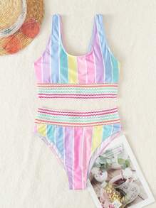 Swim Mod Summer Beach Colorful Striped Bikini Set Contrast Trim Wireless Bra Top & High Waist Bikini Bottom 2 Pieces Bikini - Multicolor - View 3