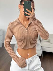 SHEIN EZwear Áo len dệt kim có gân nửa khóa kéo - Màu Khaki - Xem 5