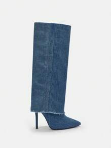 牛仔高跟尖頭長款靴子 - 藍色 - 查看 3