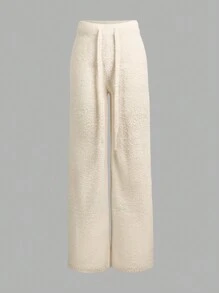 SHEIN BASICS Drawstring Waist Wide Leg Knit Pants - Apricot - View 9