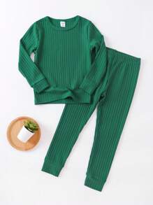 Young Boy Solid Snug Fit PJ Set - Green - View 1