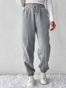 SHEIN Frenchy Women's Solid Color Elastic Waist Drawstring Pocket Sweatpants Winter - Grey - View 4