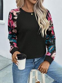 SHEIN LUNE Floral Print Raglan Sleeve Sweatshirt - Black - View 4