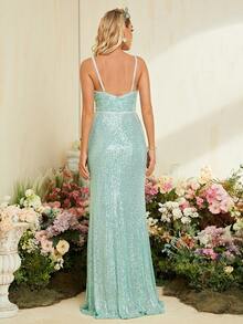 Split Thigh Sequin Cami Prom Dress - Mint Green - View 2