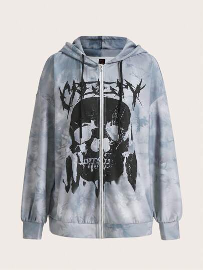 Skull Print Tie Dye Zip Up Hoodie
