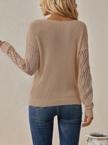 SHEIN Clasi Drop Shoulder Pointelle Knit Sweater - Camel - View 2