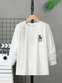SHEIN 青少年男孩休闲宽松纯色长袖T恤 - 白色 - 查看 2