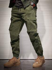 Manfinity Hypemode 寬鬆版型男士帶側口袋蓋式貨物褲 - 軍綠色 - 查看 3