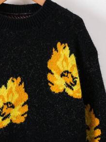 SHEIN 女大童花卉圖案落肩袖套頭毛衣 - 黑色 - 查看 6