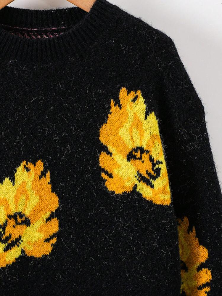 Tween Girl Floral Pattern Drop Shoulder Sweater