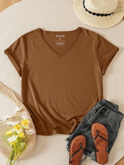 INAWLY Plus Solid V Neck Tee