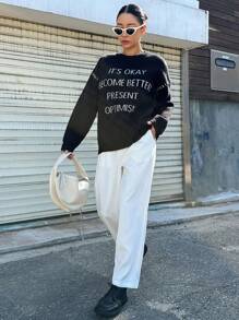 DAZY Maglione con spalle a goccia e stampa con slogan, abbigliamento autunnale da donna - nero - Visualizzare 5