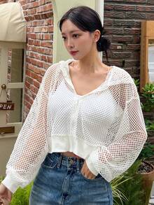 DAZY Hollow Out Drop Shoulder Crop Jacket - White - View 6