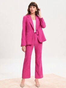 SHEIN BIZwear 翻領燈芯絨西裝外套和喇叭褲 - 粉色 - 查看 5