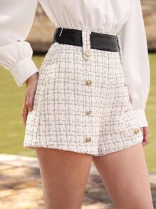 SHEIN Frenchy Plaid Pattern Double Breasted Tweed Shorts