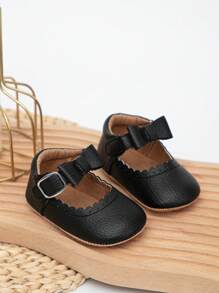 Infant Litchi Embossed Bow Decor Ankle Strap Flats - Black - View 1