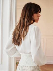 SHEIN Frenchy Solid Surplice Neck Lantern Sleeve Blouse Winter White Casual - White - View 7