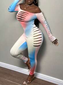Slaydiva Ombre Off Shoulder Ladder Cut Out Unitard Jumpsuit - Multicolor - View 6