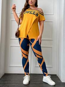 SHEIN LUNE Plus Letter Graphic Asymmetrical Neck Tee & Leggings - Yellow - View 5
