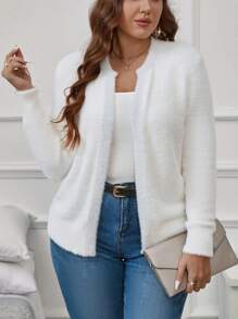 SHEIN Clasi 大碼開門襟絨毛針織開襟衫 - 白色 - 查看 3