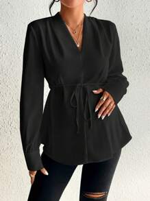 SHEIN Maternity Solid Belted V Neck Blouse - Black - View 4