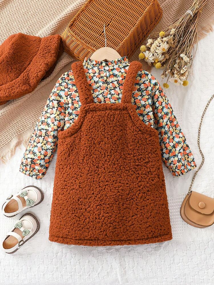 Young Girl Ditsy Floral Print Mock Neck Tee & Overall Dress