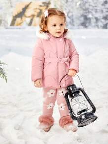 SHEIN 女婴同款系带毛绒装饰连帽棉服外套