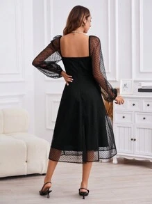 SHEIN Privé Square Neck Lantern Sleeve Mesh Overlay Dress - Black - View 2