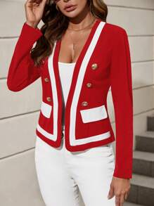 SHEIN Clasi Contrast Trim Button Detail Blazer - Red and White - View 6