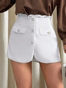 SHEIN Privé Paperbag Waist Flap Detail Button Front Shorts - White - View 6