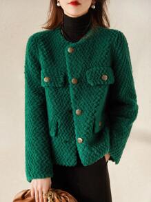 Solid Button Front Fuzzy Coat - Green - View 1