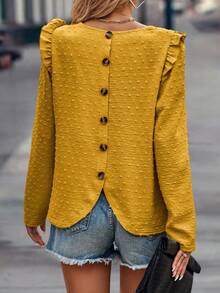 SHEIN LUNE Swiss Dot Button Back Ruffle Trim Blouse - Yellow - View 4