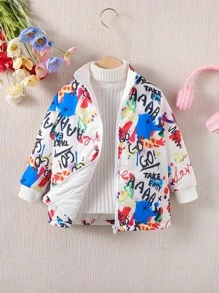 SHEIN 年轻女孩字母图案拉链夹棉外套（不含毛衣） - 彩色 - 查看 1