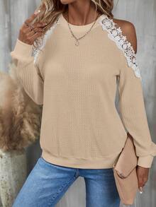 SHEIN LUNE Guipure Lace Appliques Cold Shoulder Sweatshirt - Apricot - View 4
