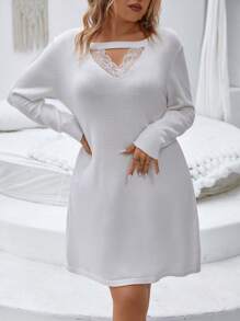 SHEIN Clasi Plus Contrast Lace Keyhole Neckline Drop Shoulder Sweater Dress - White - View 4