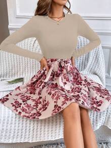 SHEIN Clasi 印花繫腰帶洋裝 - 杏色 - 查看 3