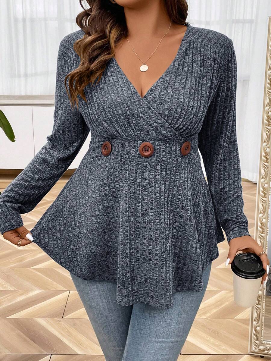 SHEIN LUNE Talla grande Camiseta tejido jaspeado con diseño de botón peplum - Gris - Ver 1