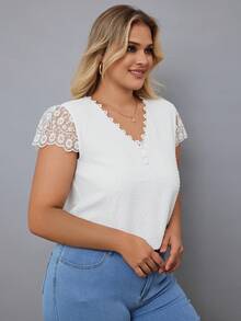 RueChic Plus Swiss Dot Contrast Lace Blouse - White - View 3