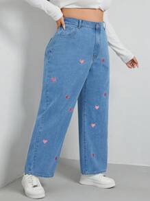 SHEIN EZwear 加爱心刺绣阔腿牛仔裤 宽腿牛仔裤 宽腿牛仔裤 女童宽腿牛仔裤 女式宽腿牛仔裤 - 淺色水洗藍 - 查看 3