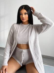 Chiquease Solid Knit Top and Drop Shoulder Cardigan and Knit Shorts