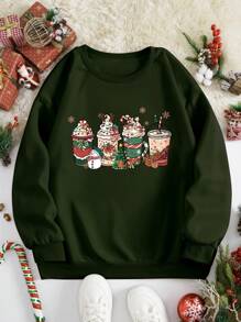 INAWLY Plus Christmas Print Thermal Lined Sweatshirt - Army Green - View 1