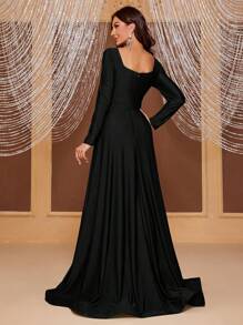 YISIKADO 方领开叉大腿连衣裙黑色优雅长袖正式晚会舞会婚礼宾客礼服，适合毕业典礼、晚宴派对礼服 - 黑色 - 查看 2