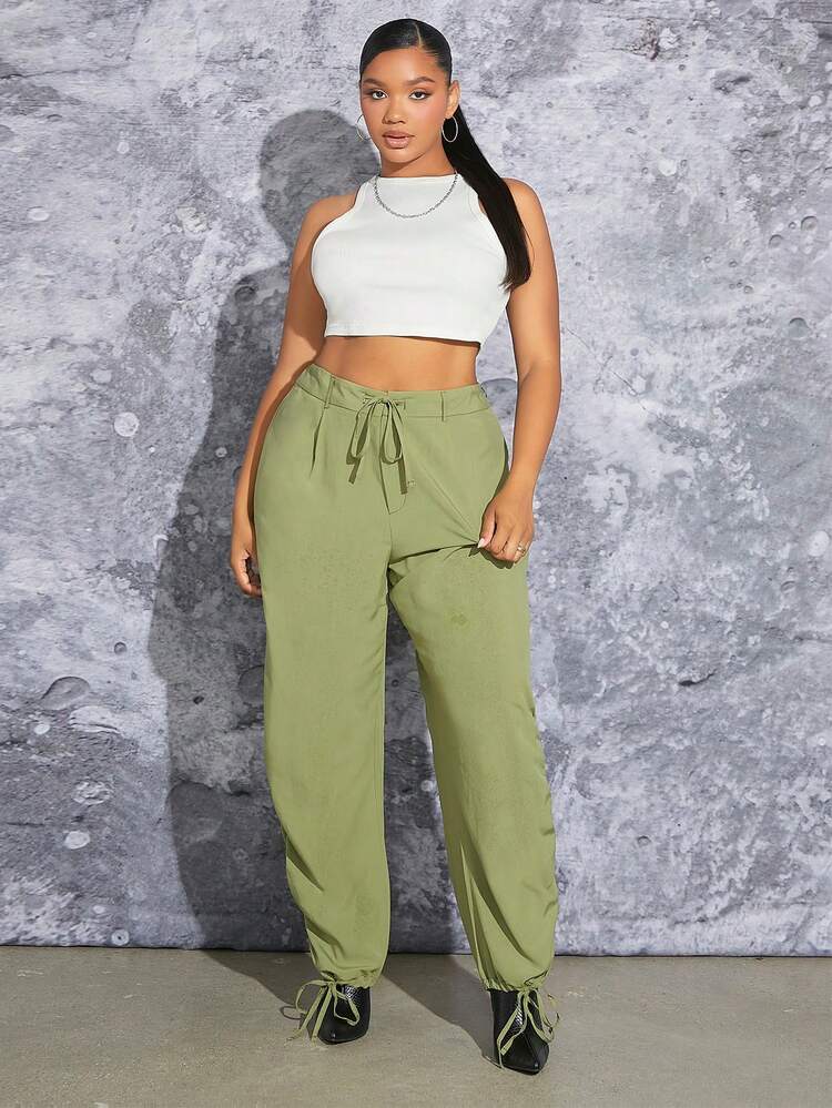 Plus Drawstring Waist Solid Pants