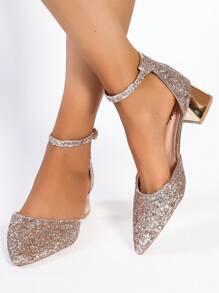 婚鞋適用於新娘,舒服的金色高跟鞋帶粗跟高跟鞋,水晶裝飾的伴娘鞋 - 金色 - 查看 6