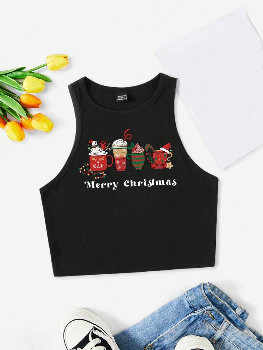 SHEIN EZwear 休閒簡約聖誕圖案修身短款背心，適用於夏季 - 黑色 - 查看 1