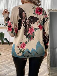 EMERY ROSE Plus Butterfly & Floral Pattern Drop Shoulder Sweater - Apricot - View 2