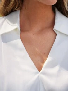 SHEIN Frenchy Solid Surplice Neck Lantern Sleeve Blouse Winter White Casual - White - View 2