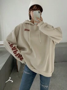 DAZY Letter Graphic Drop Shoulder Drawstring Hoodie,Long Sleeve Tops,Fall Clothes Sweatshirt - Apricot - View 1