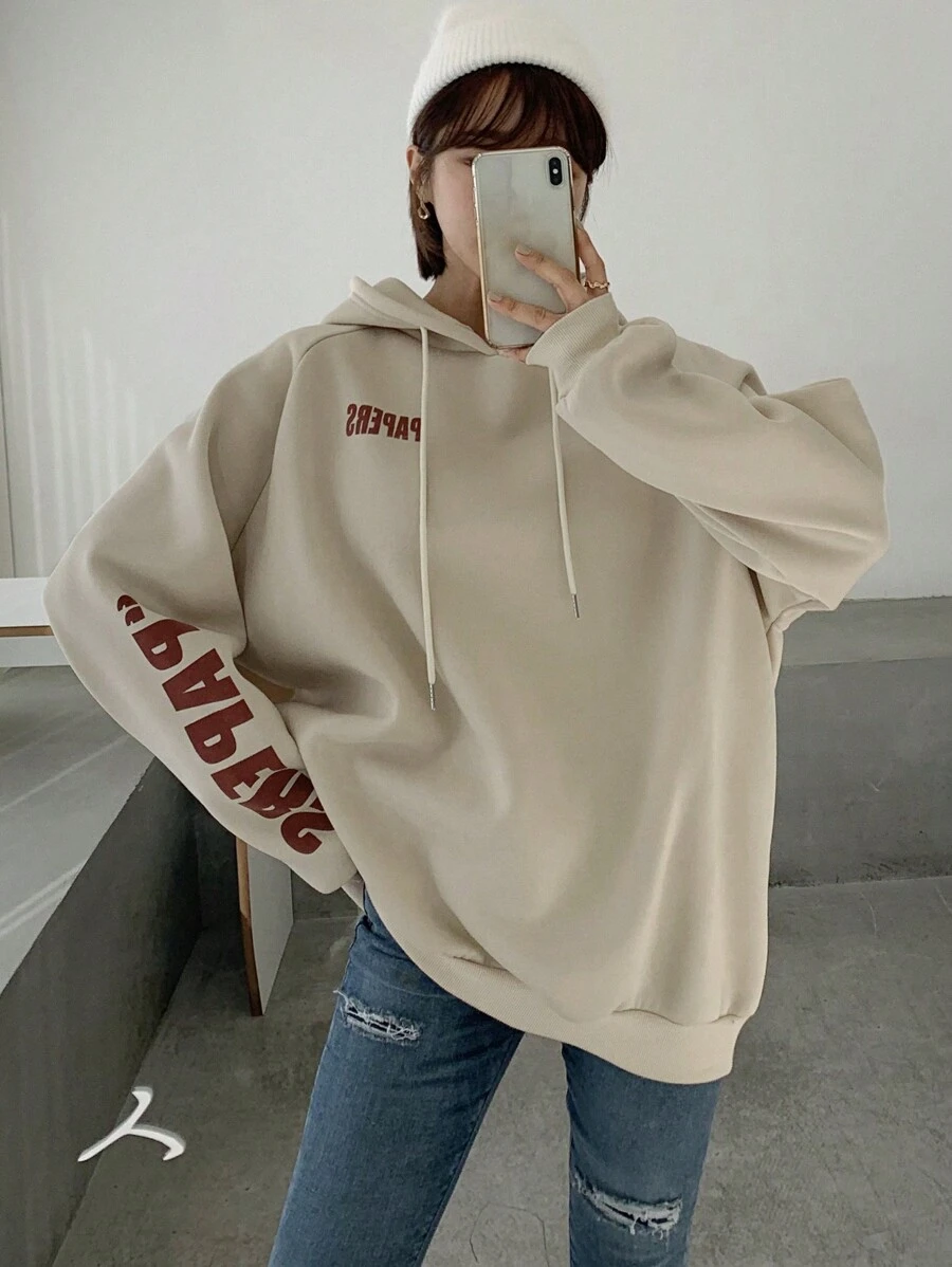 DAZY Letter Graphic Drop Shoulder Drawstring Hoodie,Long Sleeve Tops,Fall Clothes Sweatshirt - Apricot - View 1